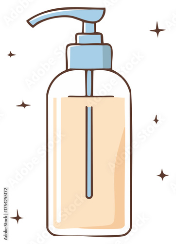 Elegant dispenser bottle with light beige fluid illustration, simple hygiene solution and sparkles in fresh, neutral style