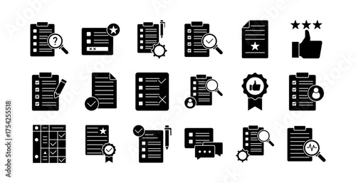Assessment icon set collection in outline style. Icon pack contains assessment, evaluation, test, quiz, grade, score, mark, rating, review, analysis