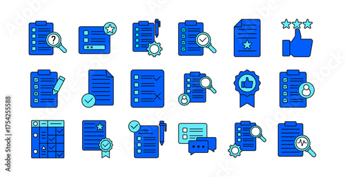 Assessment icon set collection in outline style. Icon pack contains assessment, evaluation, test, quiz, grade, score, mark, rating, review, analysis