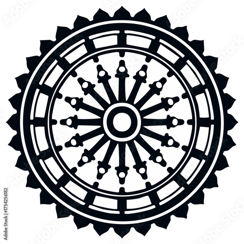 Intricate Dharma Chakra Wheel Symbol Icon in Black and White