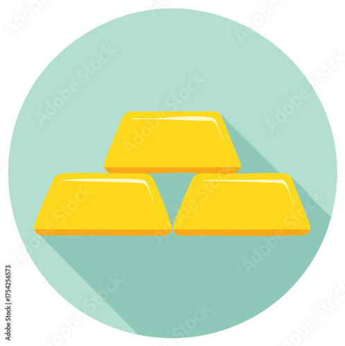 Three golden ingots icon in flat design style with long shadow, representing wealth, finance, and investment.