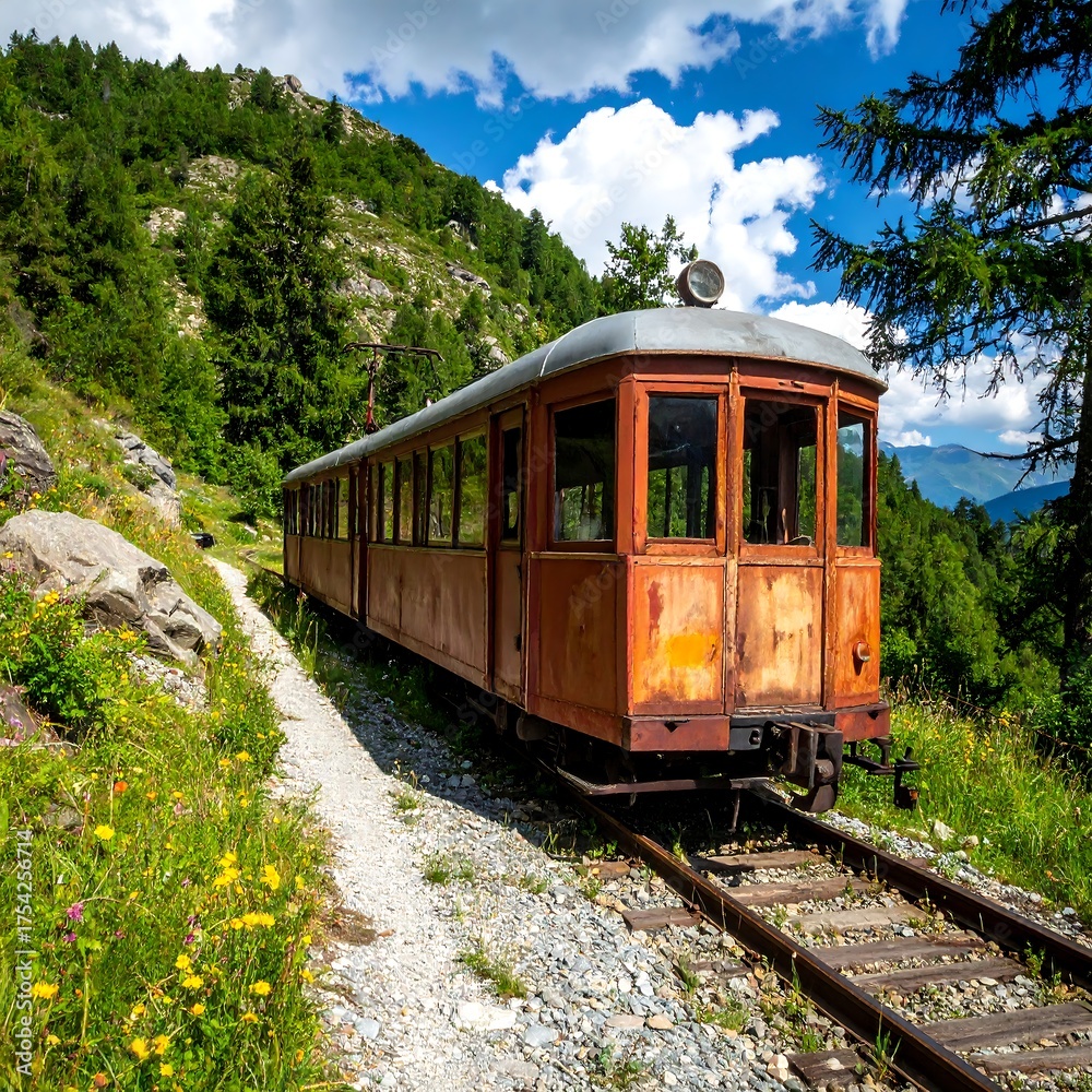 Naklejka premium Aged train car sits on tracks amidst a lush green mountain setting under a bright blue sky