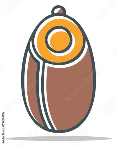 Stylized Pendant Illustration: Brown and Gold Oval Amulet with Hanging Loop in Outlined Design