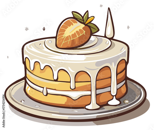 Illustration of a delicious layered cake with dripping white frosting and a fresh strawberry