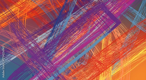 Abstract composition features layered colorful brushstrokes with a central rectangular shape