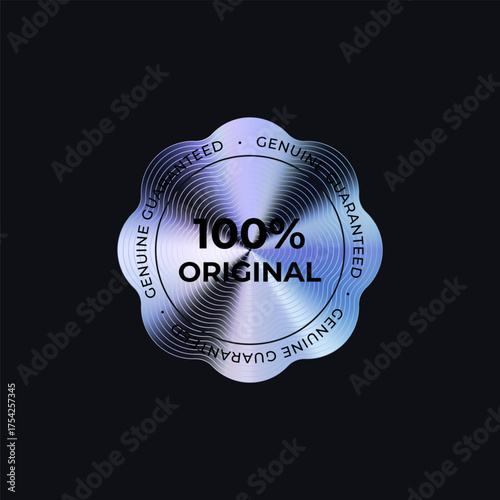 100 Percent Original Badge Sticker Limited Edition Label In Holograph Gradient Style. Glossy Metallic Icon Logo Seal For Branding, Promo, Ecommerce UI, Shop Product Advertising. Vector Illustration