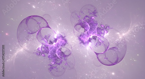Abstract composition features two ethereal, glowing, and interconnected purple orbs with fractal details
