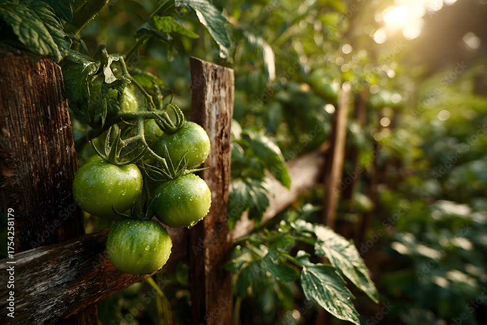 Obraz premium Green tomatoes growing in clusters on healthy vines supported by wooden stakes in a farm garden, symbolizing organic agriculture, natural food, healthy lifestyle, and sustainable farming practices.