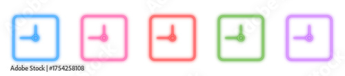 Clock neon icon isolated, Glowing time symbol, Bright watch marker, Luminous schedule indicator, or Shiny deadline sign vector illustration