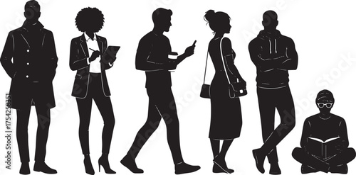 Black Silhouette Set of Diverse Modern Adults in Various Poses: Business and Casual Lifestyle