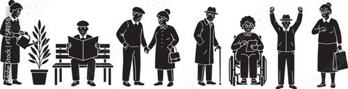 Black Silhouette Set of Seniors Engaging in Daily and Social Activities: Active Aging Lifestyle	