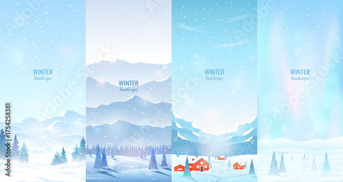 Set of winter landscapes. Snow-capped mountains, fir trees in snowdrifts, country houses or hotels of a ski resort. Snowfall. Design for postcard, flyer, invitation, advertising. Vector image.