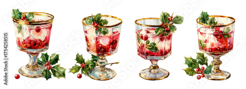 Vintage set of glasses with Christmas cocktails. Watercolor glass glasses with gold rims. Pink drinks with berries and decorated with holly branches. Christmas bar elements.