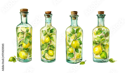 Watercolor bottles with limoncello. Glass bird with limoncello and lemons inside. alcoholic Mediterranean drinks. Summer refreshing lemon drinks. Vector illustration.
