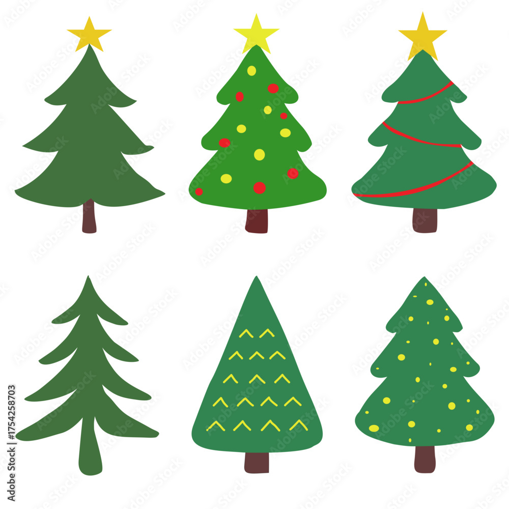 Fototapeta premium Set of six cute cartoon-style Christmas trees with stars, ornaments, and simple decorations in green tones, perfect for festive holiday design and illustration projects.