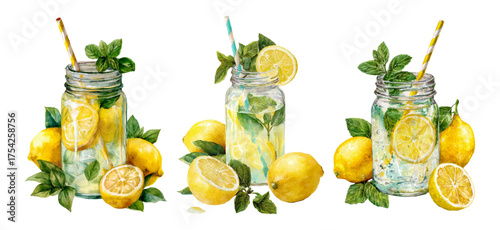 Set of watercolor lemonade glasses. Glass jars with lemon drink, straw and whole yellow lemons. Lemonade drinks, limoncello etc. Refreshing lemon drinks.