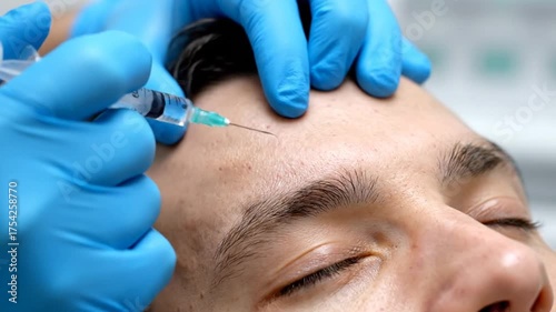 Facial Aesthetics Injection Treatment with Blue Gloves and Syringe Close-Up on Forehead Skin for Wrinkle Reduction in Bright Indoor Spa Setting Anti-Aging Concept Skin Rejuvenation