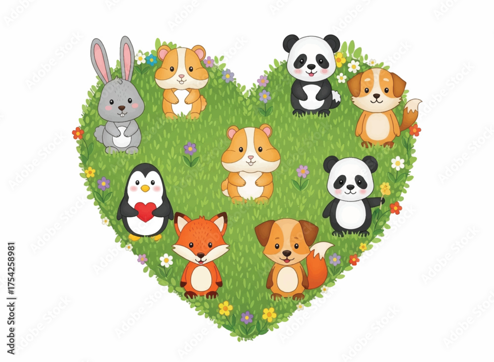 Naklejka premium Adorable Cartoon Animals Arranged in a Heart Shape on Green Grass with Flowers Cute Kids Illustration for Greetings Gifts and Children s Projects