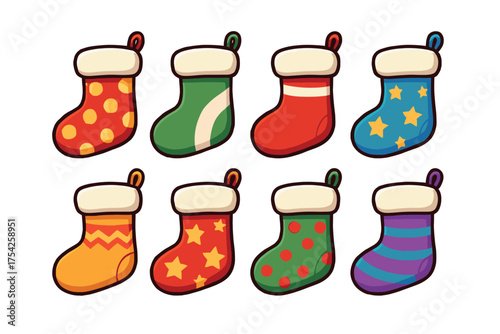 Colorful mugs with hot chocolate and marshmallows for winter joy. Set of 6 vector illustration