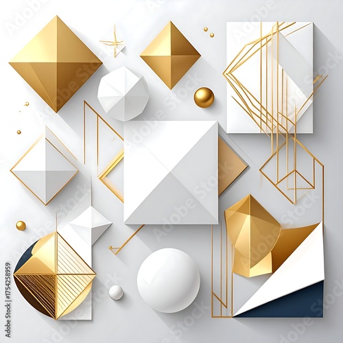 Abstract composition featuring 3D geometric shapes in white, gold, and geometric lines