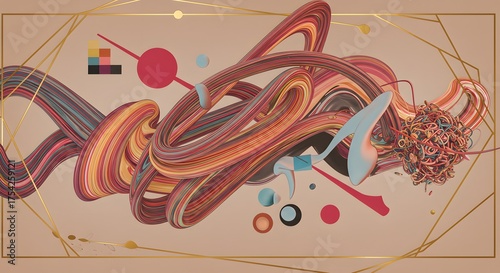 Abstract composition featuring flowing lines, geometric shapes, and a golden frame on beige