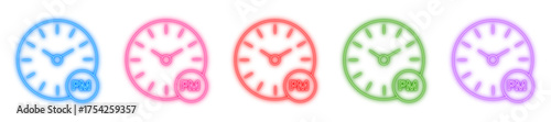 Clock PM neon icon isolated, Glowing time symbol, Bright evening clock, Luminous schedule marker, or Shiny pm indicator vector illustration
