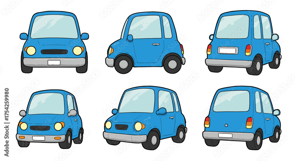 Fototapeta premium Cartoon Blue Car Multiple Angles Cute Vehicle Illustration
