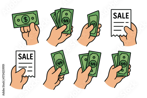 Exciting sale event with shoppers competing for 50 percent off deals. Set of 6 vector illustration