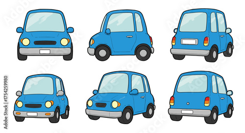 Cartoon Blue Car Multiple Angles Cute Vehicle Illustration