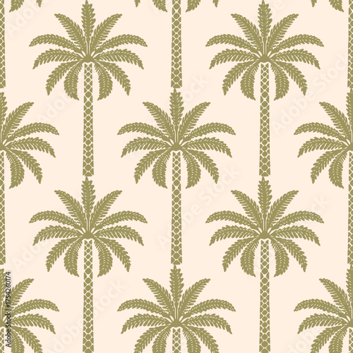 Seamless palm tree pattern featuring tropical botanical elements. This design is perfect for summer.	