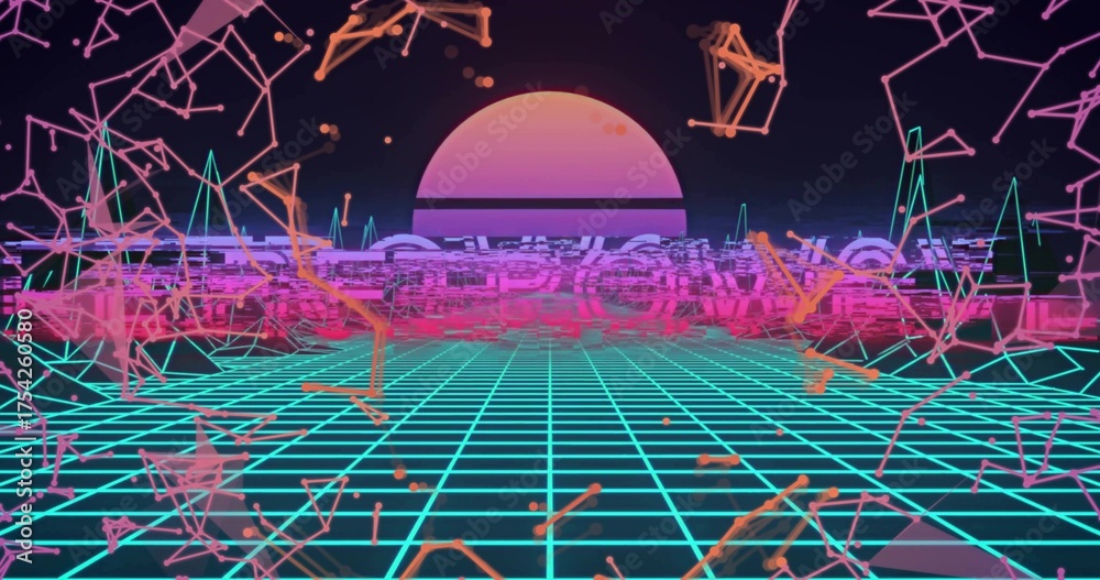 Fototapeta premium Glowing neon sun hovering over synthwave grid, with floating node clusters, lines and wireframes