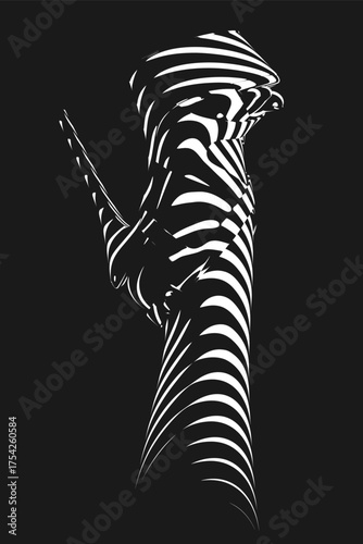 Minimalist black and white abstract art of female leg in high heels stiletto sandal. Striped line art style inspired by pole dancing. Artistic monochrome design for bold interiors. Vector illustration