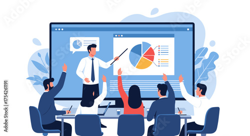 Business presentation with a teacher explaining a pie chart to an engaged audience.