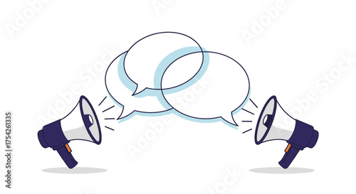 Two megaphones are shown with speech bubbles above indicating communication and discussion happening between them.