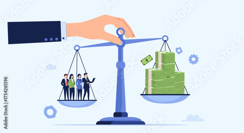 Illustrating the economic disparity between a group of people and a pile of money on a balance scale.