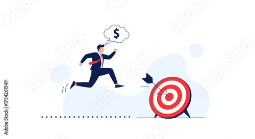 A businessman leaps across a gap with a thought bubble of money towards a target.