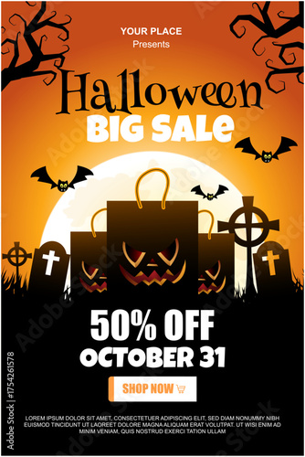 halloween sale flyer illustration with crow bag and cemetery on full moon background vector