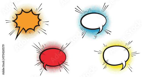 Brightly colored comic book speech bubbles exploding with sound effects and radiating lines.