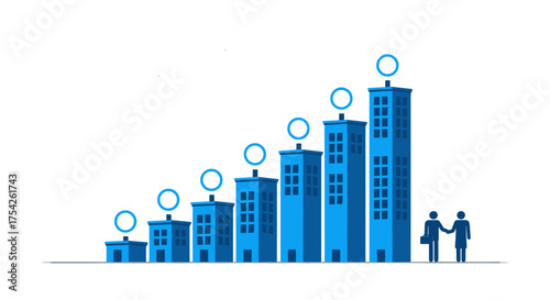 Visual representation of increasing company growth and success over time through ascending building sizes and business people shaking hands signifying a profitable partnership agreement.