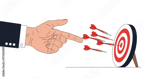 A hand pointing at a dartboard with multiple darts hitting the target.