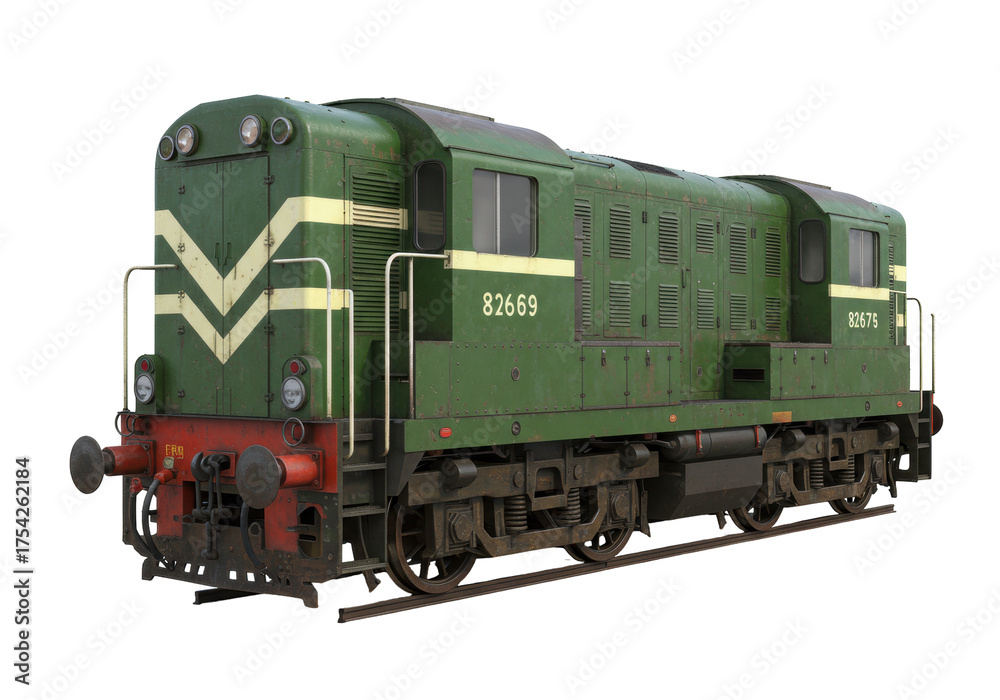 Obraz premium Isolated green old diesel electric locomotive carriage with numbers for train transport
