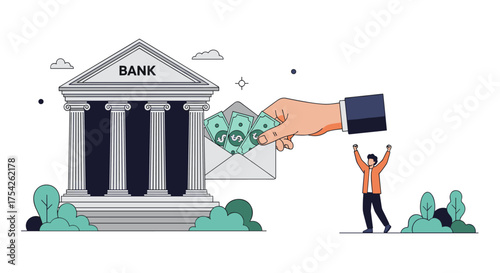 A happy person receives money from a bank envelope with a triumphant gesture.