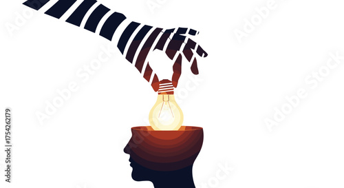 Hand placing a glowing lightbulb into the silhouette of a human head representing a new idea.