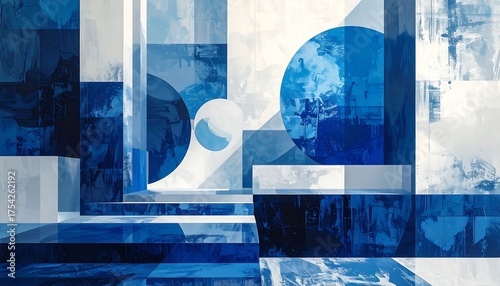 Abstract composition featuring overlapping shapes and tones of blue in a modern architectural style