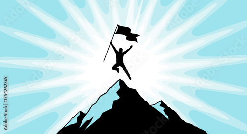 Silhouette of a triumphant person holding a flag at the summit of a mountain under bright rays of light.