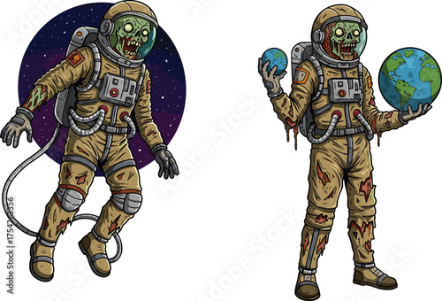Zombie astronauts in space holding planet Earth, scary undead spacemen illustration, horror sci-fi concept, creepy Halloween artwork, cosmic apocalypse design.