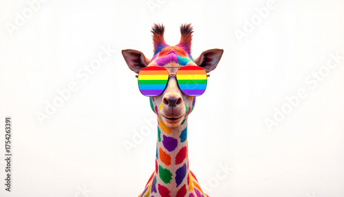 Colorful giraffe wearing rainbow sunglasses poses playfully against a white background