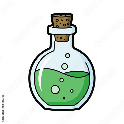 Green Potion Bottle with Bubbles, Corked, Cartoon Style