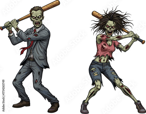 Zombie man and woman holding baseball bats, creepy undead fighters illustration, horror apocalypse concept, scary Halloween cartoon art design.