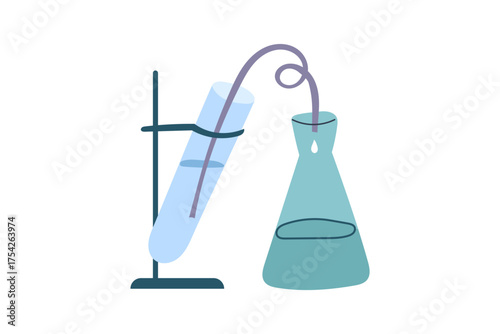 Laboratory distillation setup, chemistry experiment with flask and test tube. Concept of chemical distillation, liquid transfer, lab analysis and scientific experiments. Vector flat clipart.